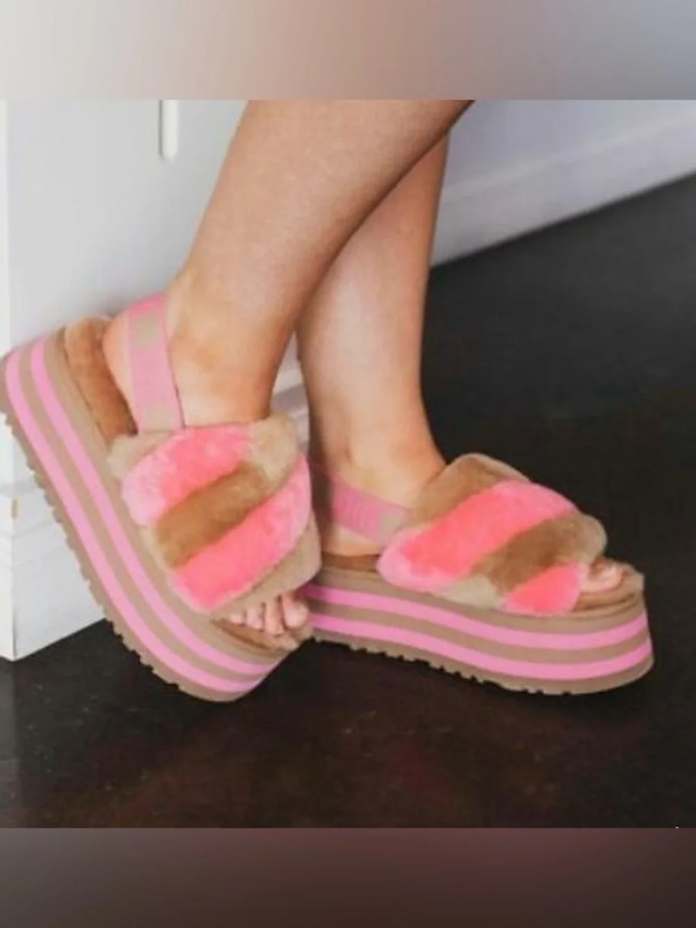 NEW! UGG Disco Striped Platform Slides Slippers Chestnut Pink Rose Size 9/10 - Picture 14 of 14